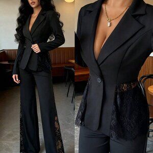 Black Casual Women's Single-Breasted Lace Patchwork Blazer & Pants Suit Set